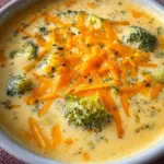 Bowl of creamy broccoli cheddar soup topped with shredded cheese and herbs.