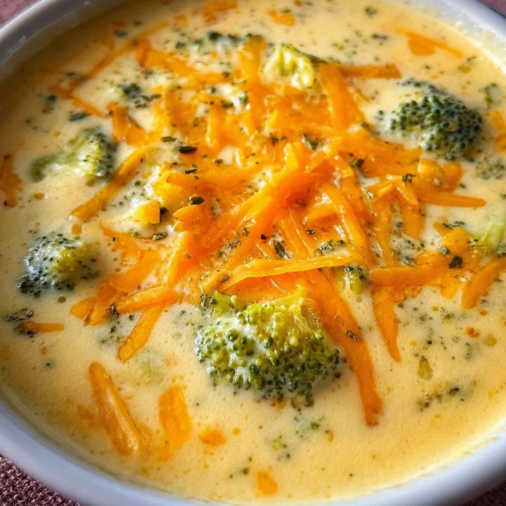 Bowl of creamy broccoli cheddar soup topped with shredded cheese and herbs.