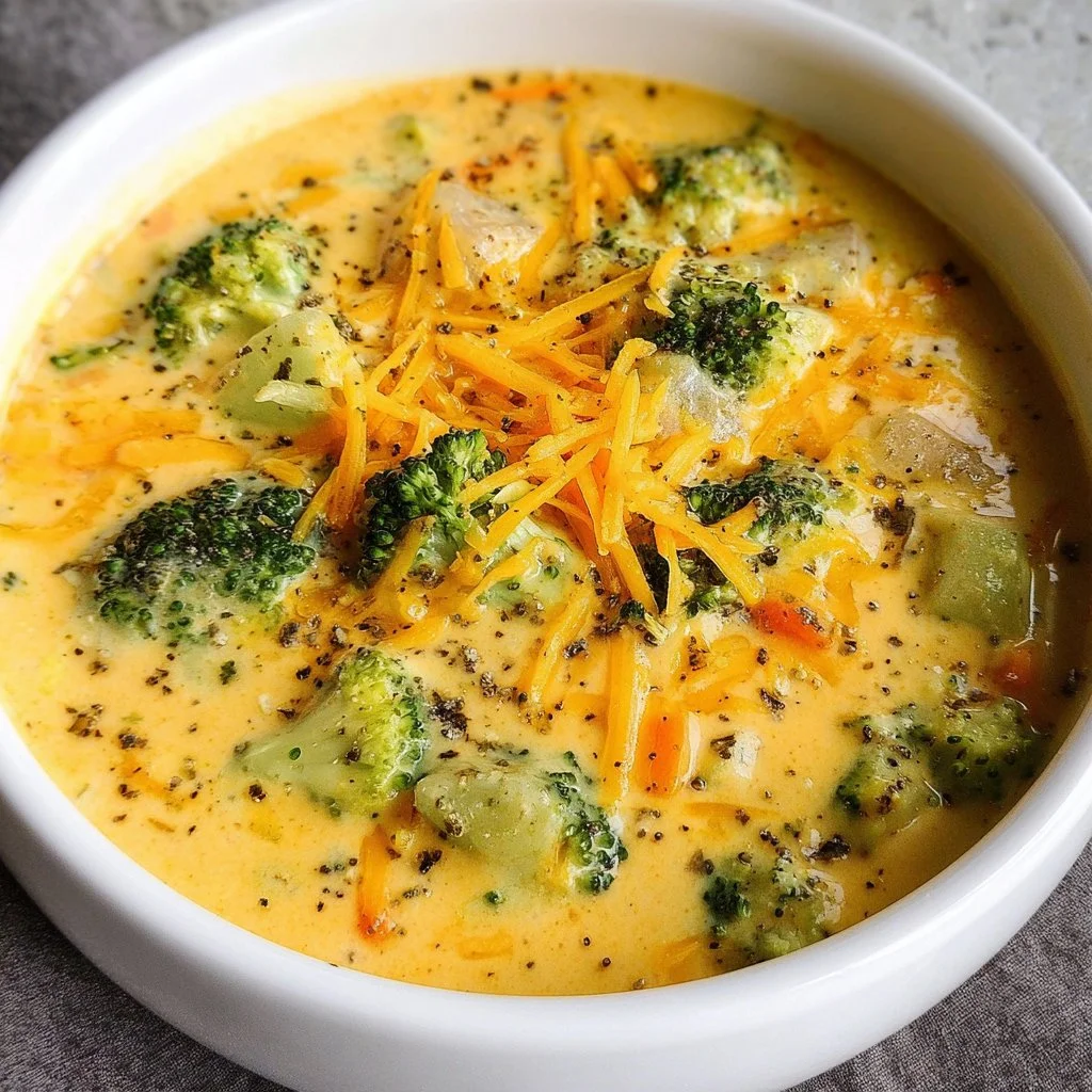 Bowl of creamy broccoli cheese and potato soup topped with cheese and herbs