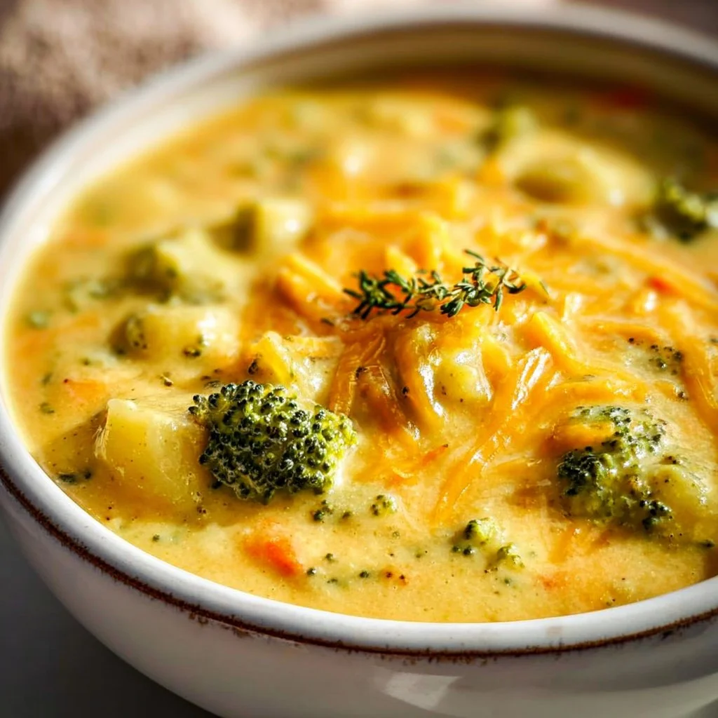 Bowl of creamy broccoli potato cheese soup topped with cheese and herbs.