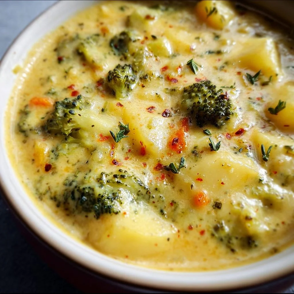 Bowl of creamy Broccoli Potato Cheese Soup with fresh ingredients