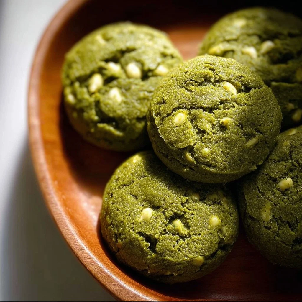 Brown butter matcha cookies with a rich green color and enticing aroma.