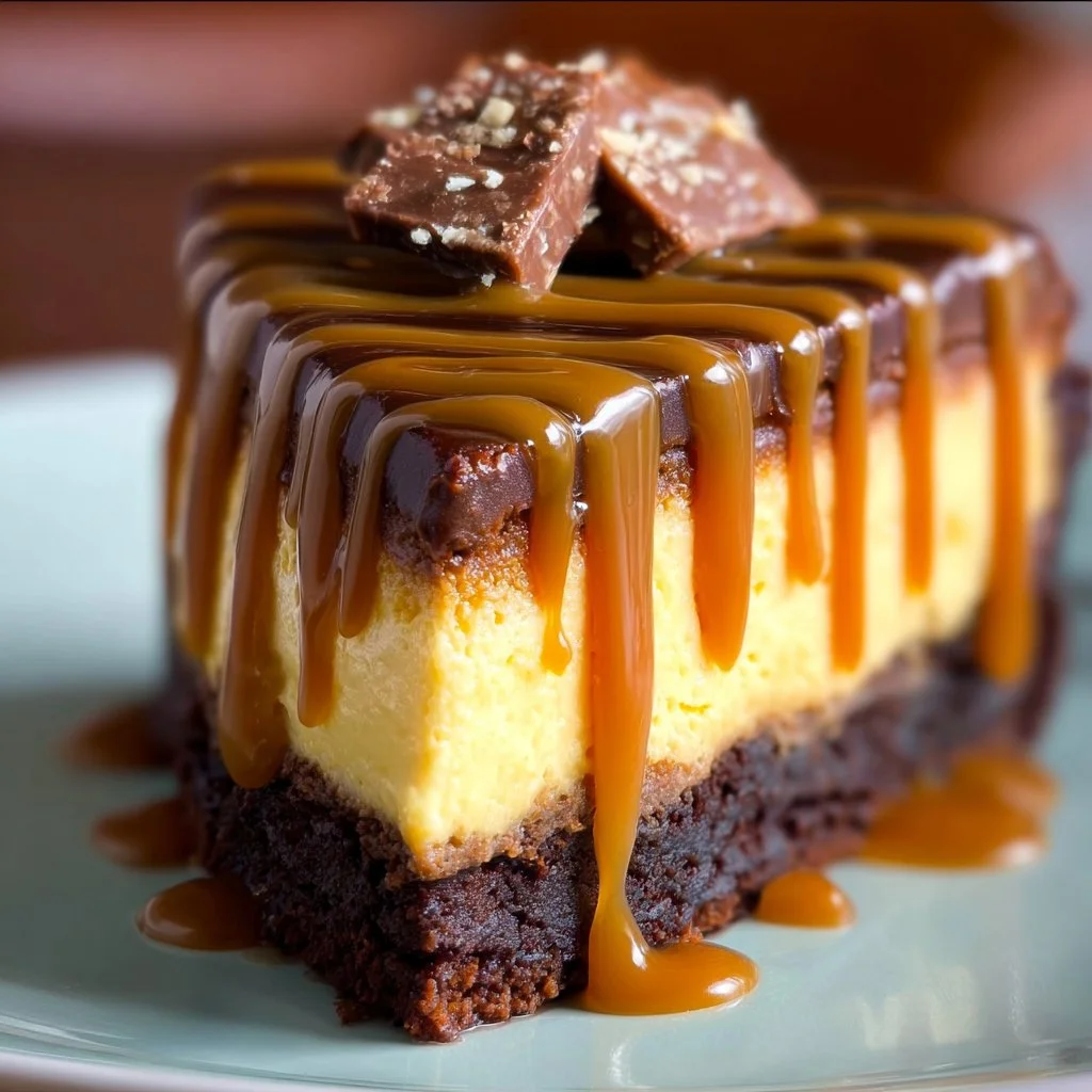 Delicious Brownie Caramel Cheesecake dessert topped with caramel drizzle.