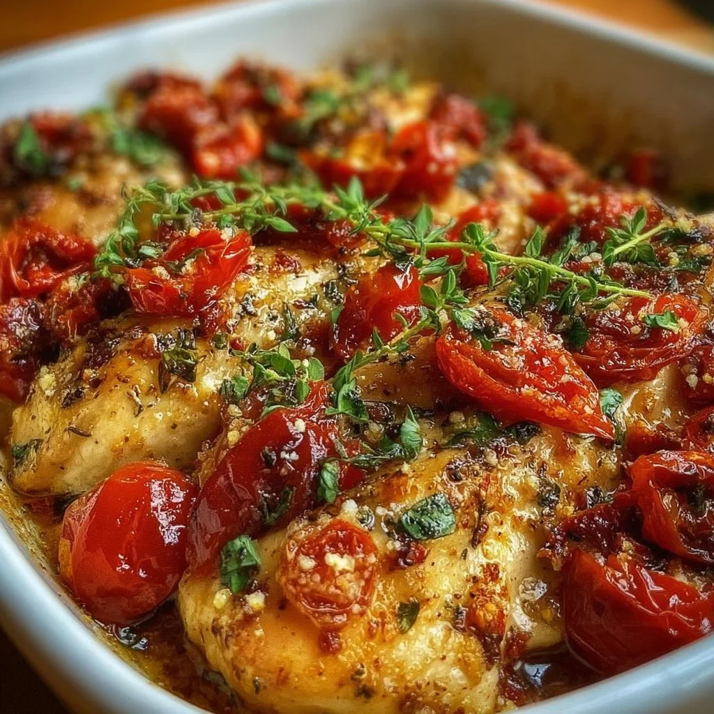 Bruschetta Chicken Casserole with fresh tomatoes and basil on top