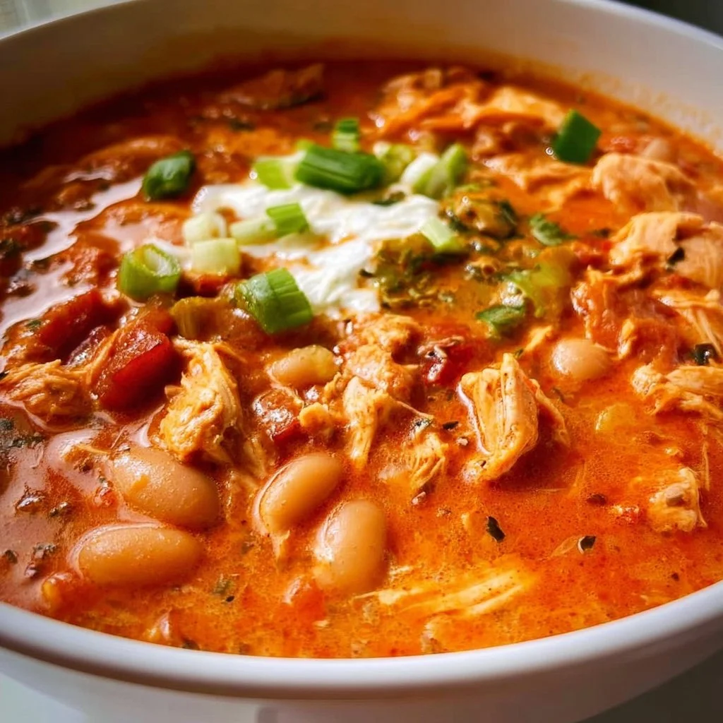 Delicious bowl of spicy Buffalo Chicken Chili garnished with green onions