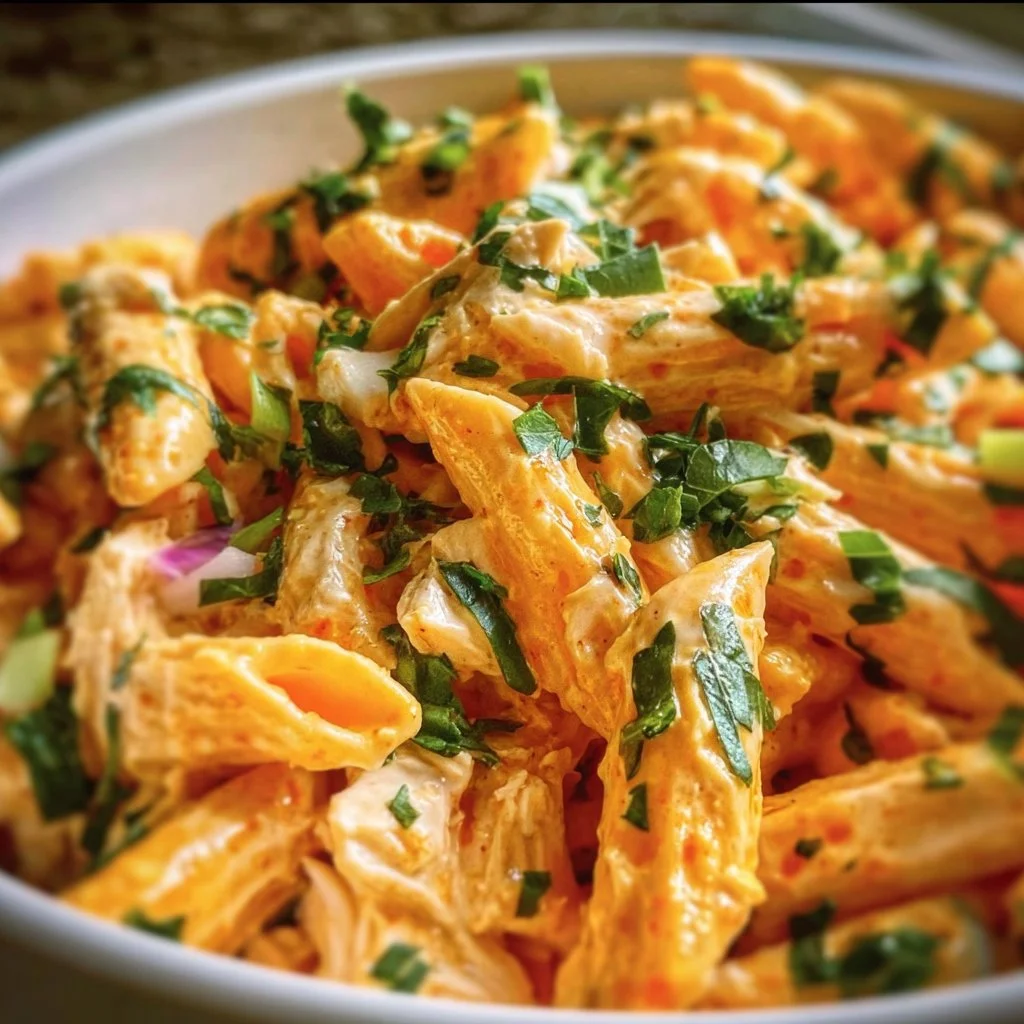 Buffalo Chicken Pasta Salad with dressing and toppings