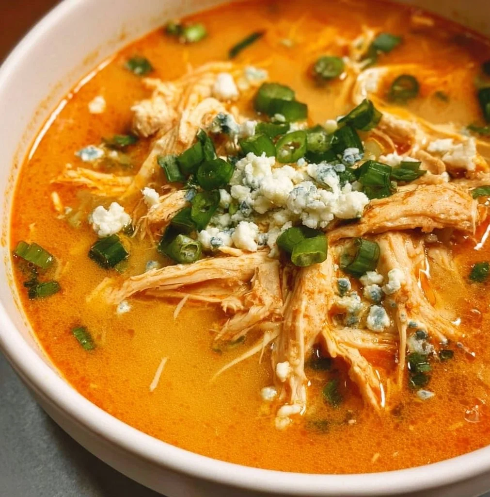 Bowl of spicy Buffalo Chicken Soup with garnishes, featuring shredded chicken and veggies.