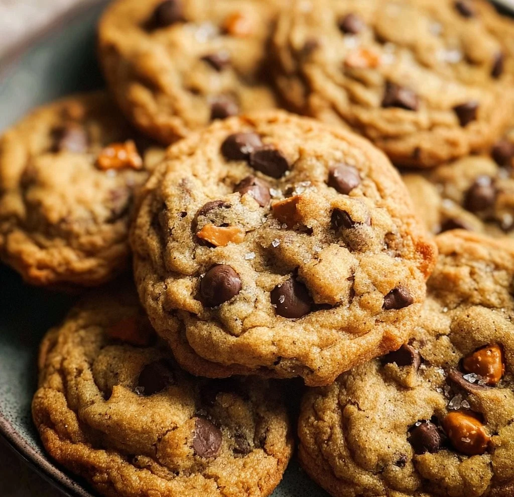 Freshly baked butterscotch chocolate chip cookies on a cooling rack