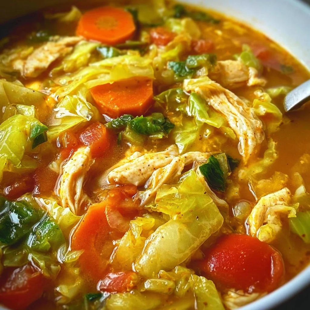 Bowl of hearty Cabbage Chicken Soup with vegetables and chicken pieces