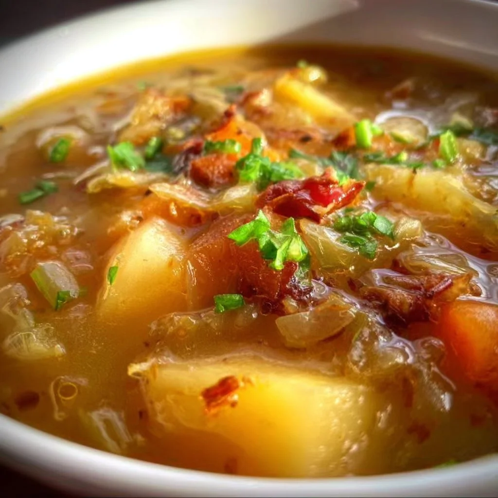Bowl of homemade cabbage potato soup with herbs and vegetables
