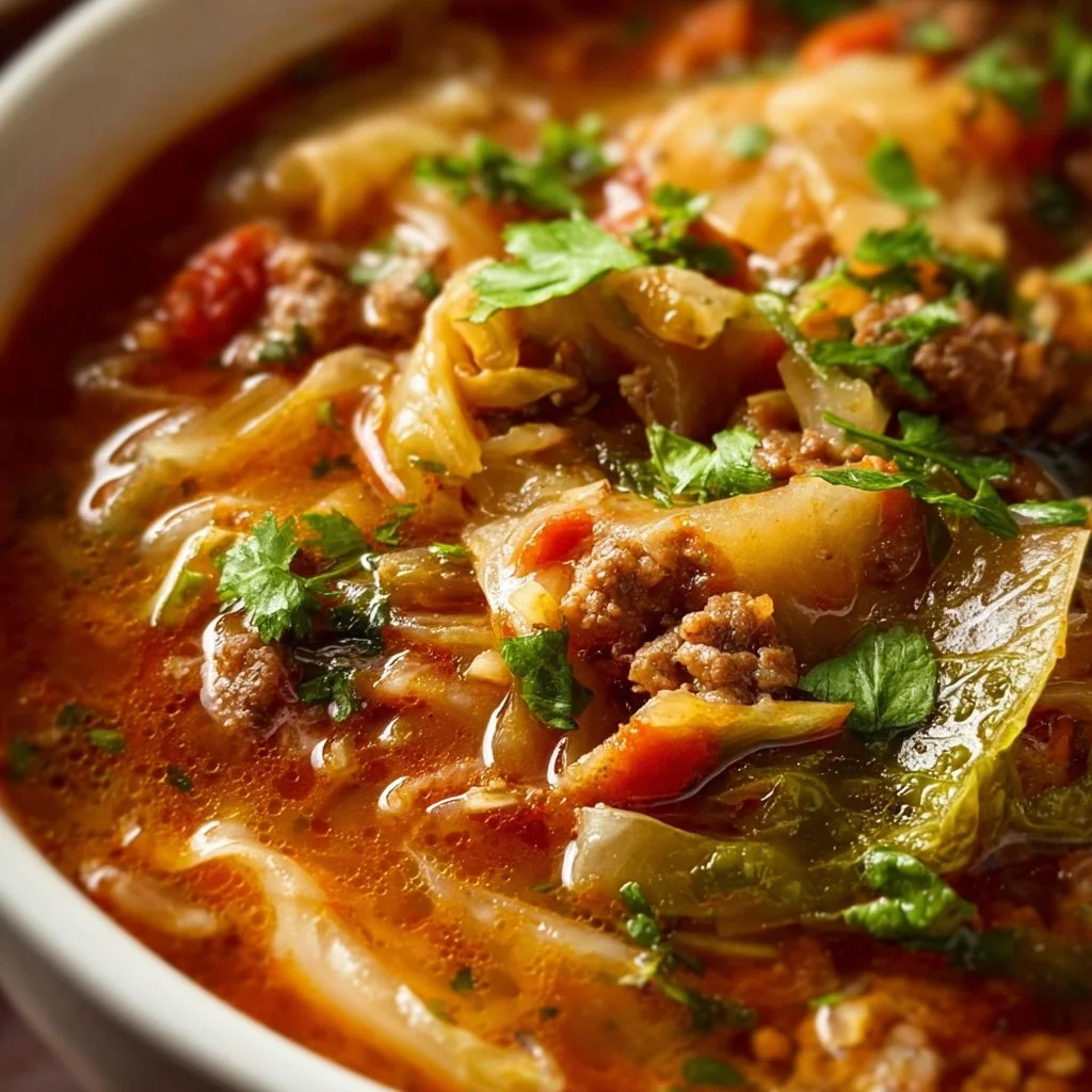 Warm bowl of hearty cabbage roll soup with beef and cabbage
