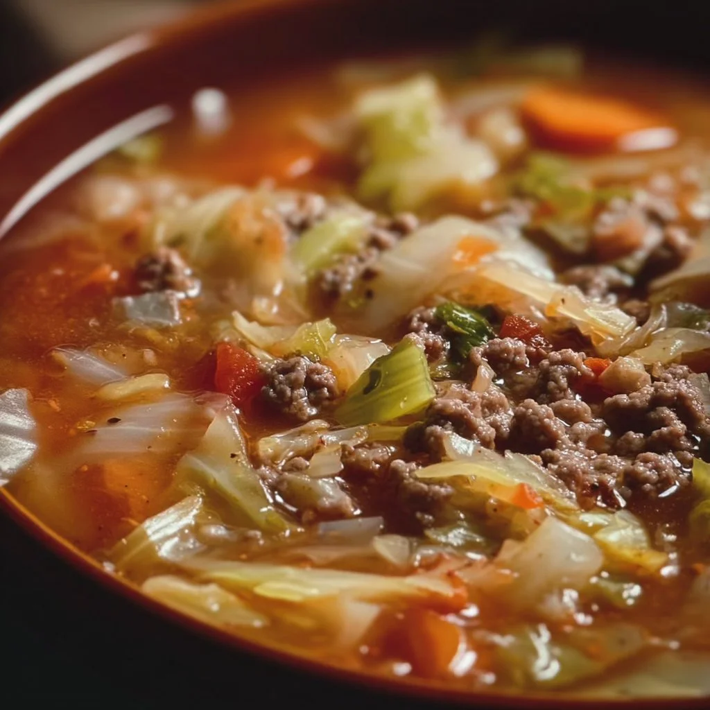 Hearty cabbage soup with hamburger served in a bowl