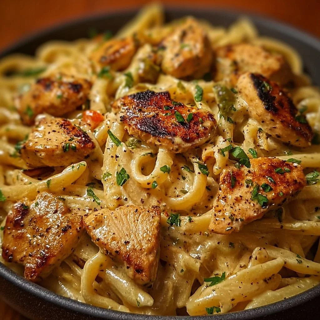 Plate of Cajun Chicken Pasta with creamy sauce and spices