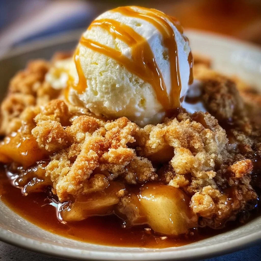 Delicious caramel apple cobbler dessert served in a decorative dish.