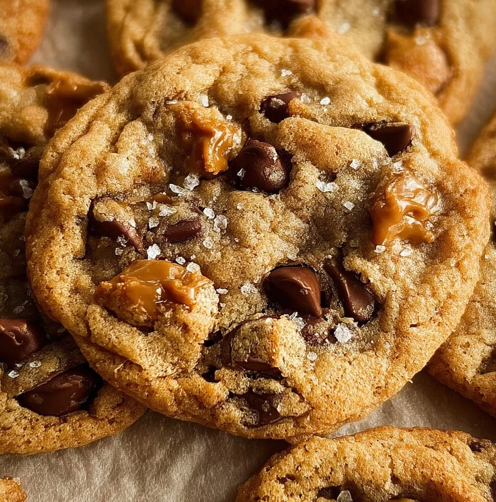 Freshly baked Caramel Chocolate Chip Cookies with gooey caramel and chocolate chips