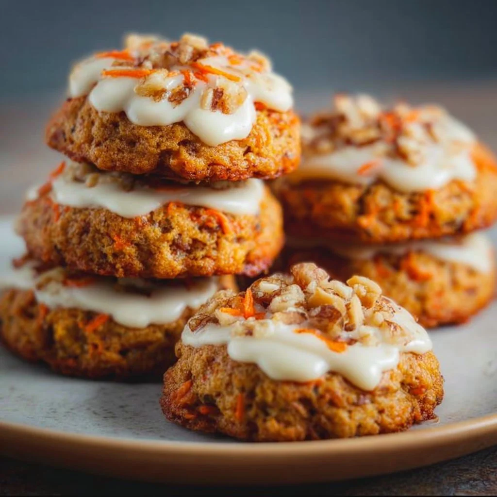 Freshly baked carrot cake cookies on a wooden table