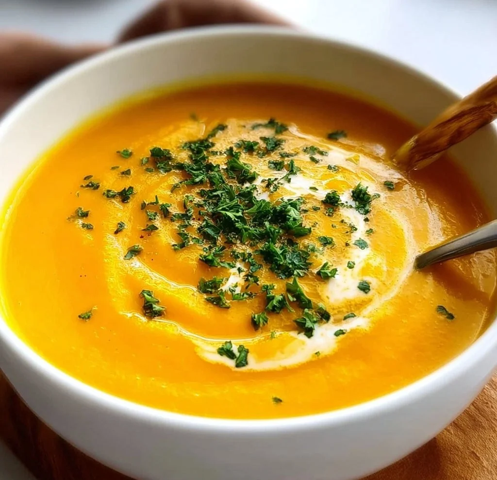 Bowl of vibrant carrot ginger soup garnished with herbs and spices