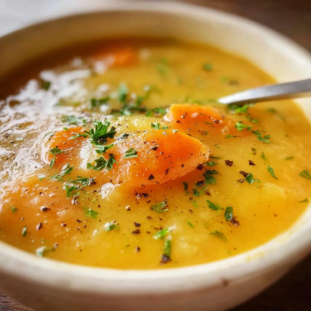 Bowl of Carrot Potato Soup with fresh herbs and vegetables
