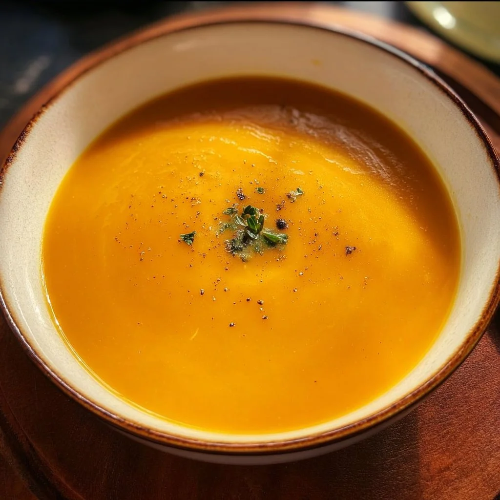 Creamy carrot soup in a bowl, garnished with herbs and spices.