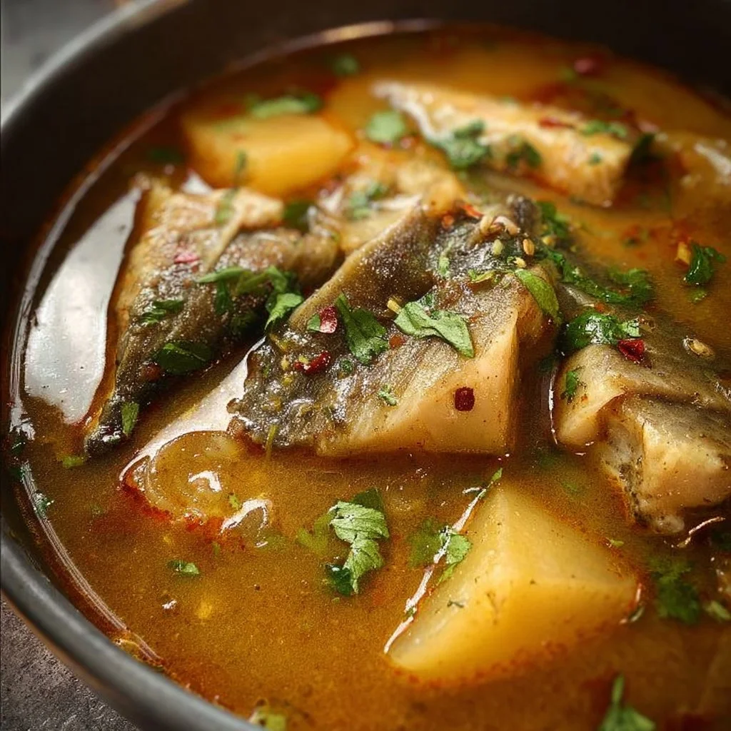 A bowl of steaming catfish pepper soup garnished with fresh herbs and spices.