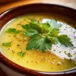 Bowl of creamy celery soup garnished with fresh herbs