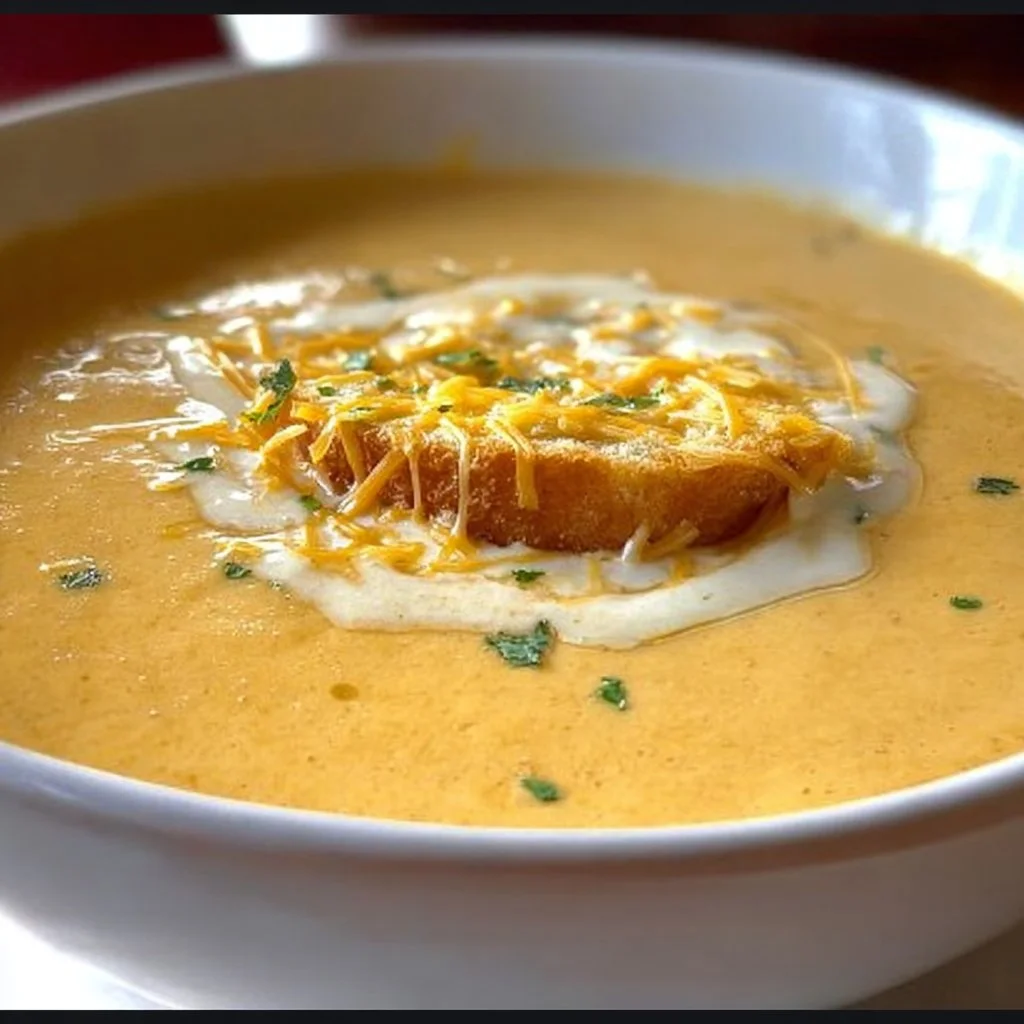 Bowl of creamy cheese soup garnished with herbs and served with bread.