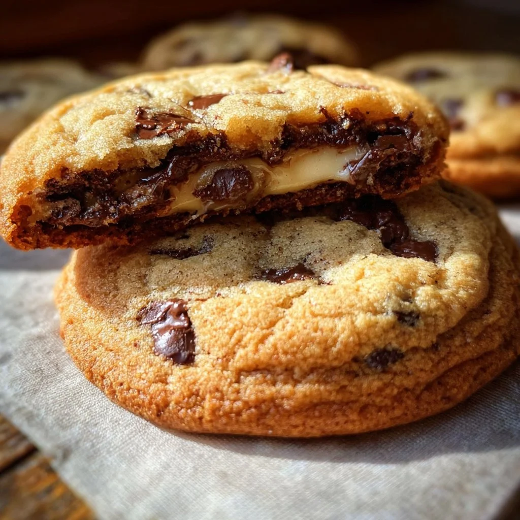Cheesecake stuffed chocolate chip cookies with a creamy filling