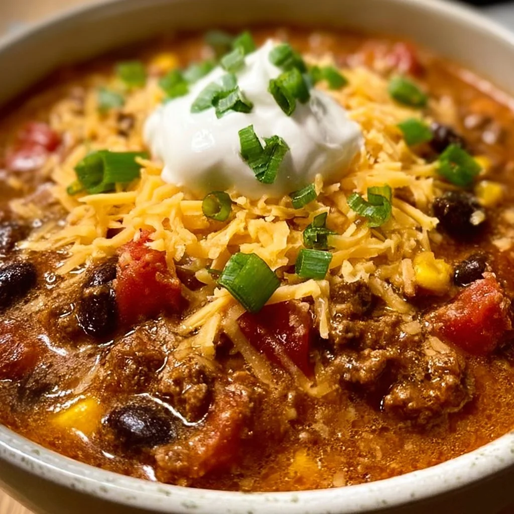 Bowl of cheesy enchilada chili topped with cheese and fresh herbs