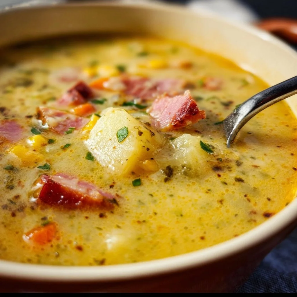 Bowl of cheesy ham and potato soup garnished with herbs
