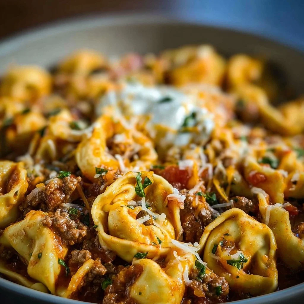 Cheesy taco tortellini garnished with fresh herbs and cheese