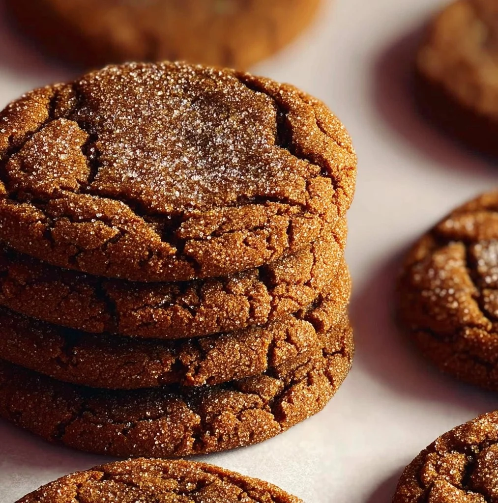 Chewy ginger molasses cookies on a plate with spices
