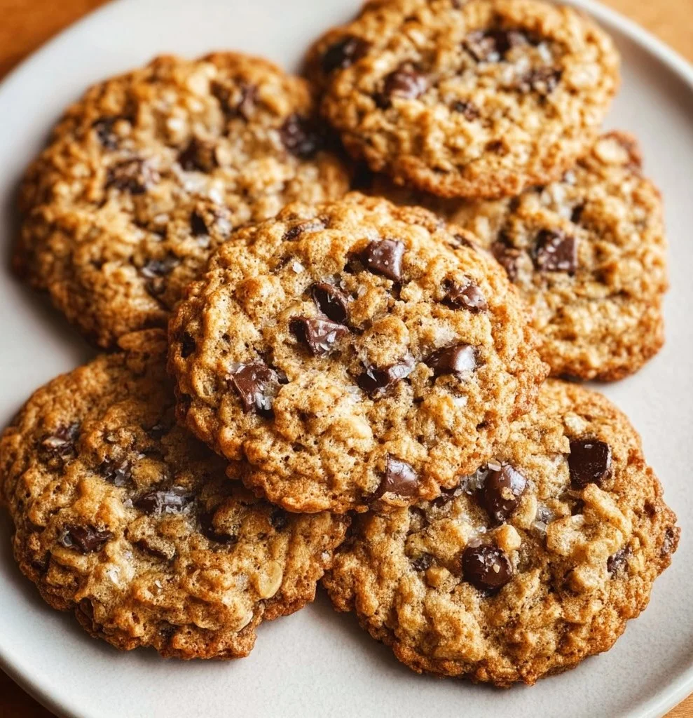 Chewy oatmeal chocolate chip cookies on a wooden table