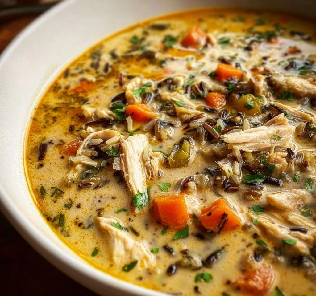 Bowl of Chicken and Wild Rice Soup garnished with herbs and vegetables