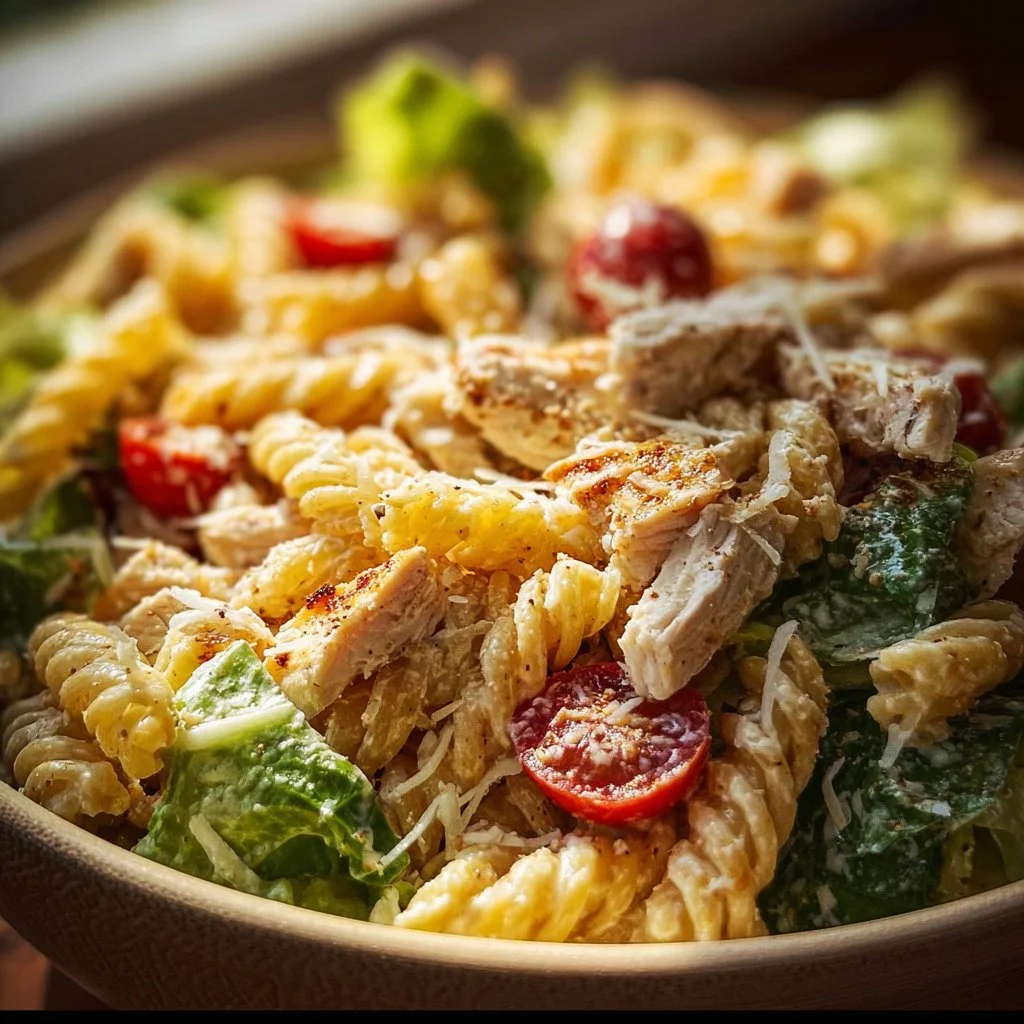 Delicious Chicken Caesar Pasta Salad in a bowl, garnished with croutons and Parmesan.