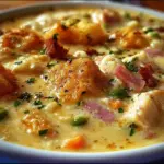 Delicious bowl of Chicken Cordon Bleu Soup topped with herbs and cheese