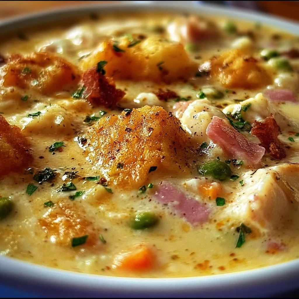 Delicious bowl of Chicken Cordon Bleu Soup topped with herbs and cheese
