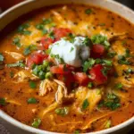 Bowl of Chicken Enchilada Soup garnished with cilantro and cheese