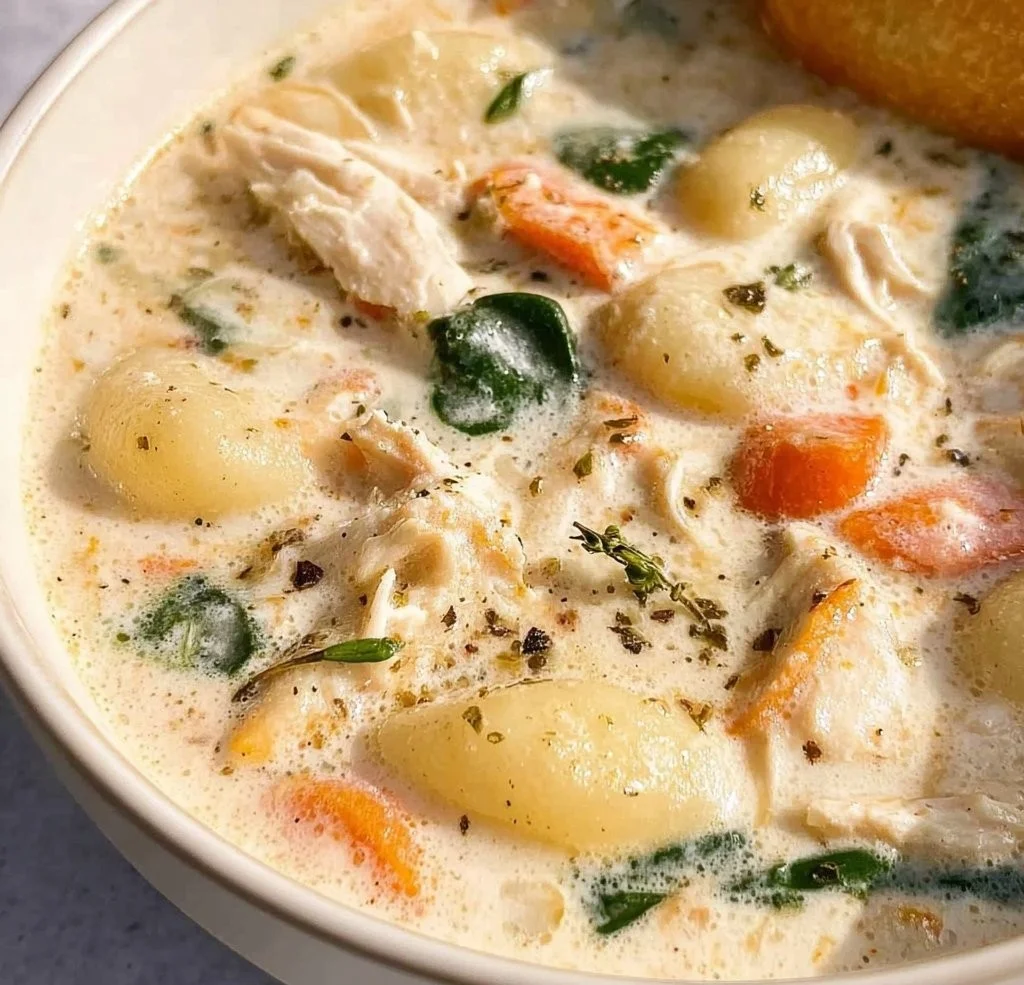 Bowl of Chicken Gnocchi Soup garnished with herbs and served warm