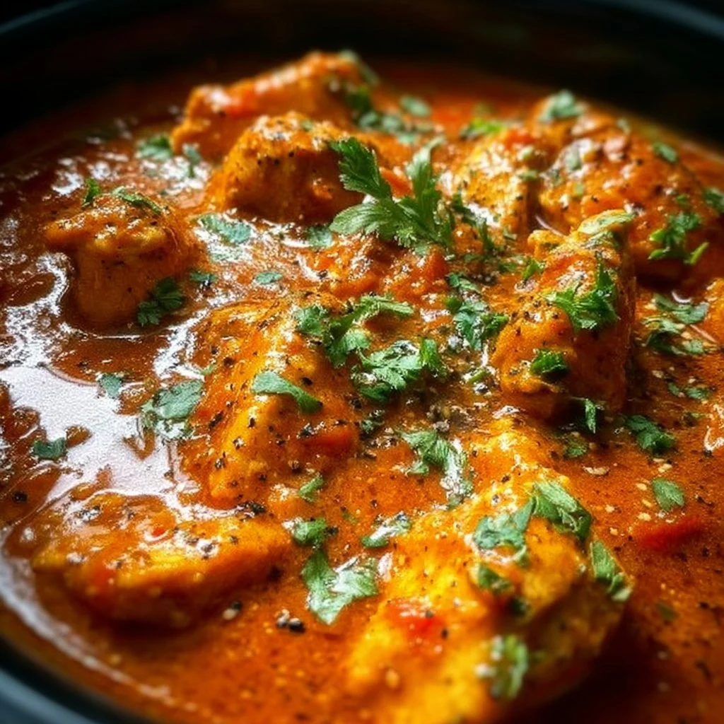 Chicken in tomato-curry sauce served on a plate