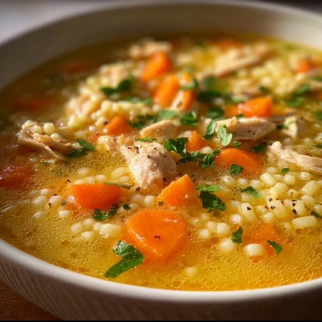Bowl of Chicken Pastina Soup with vegetables and herbs