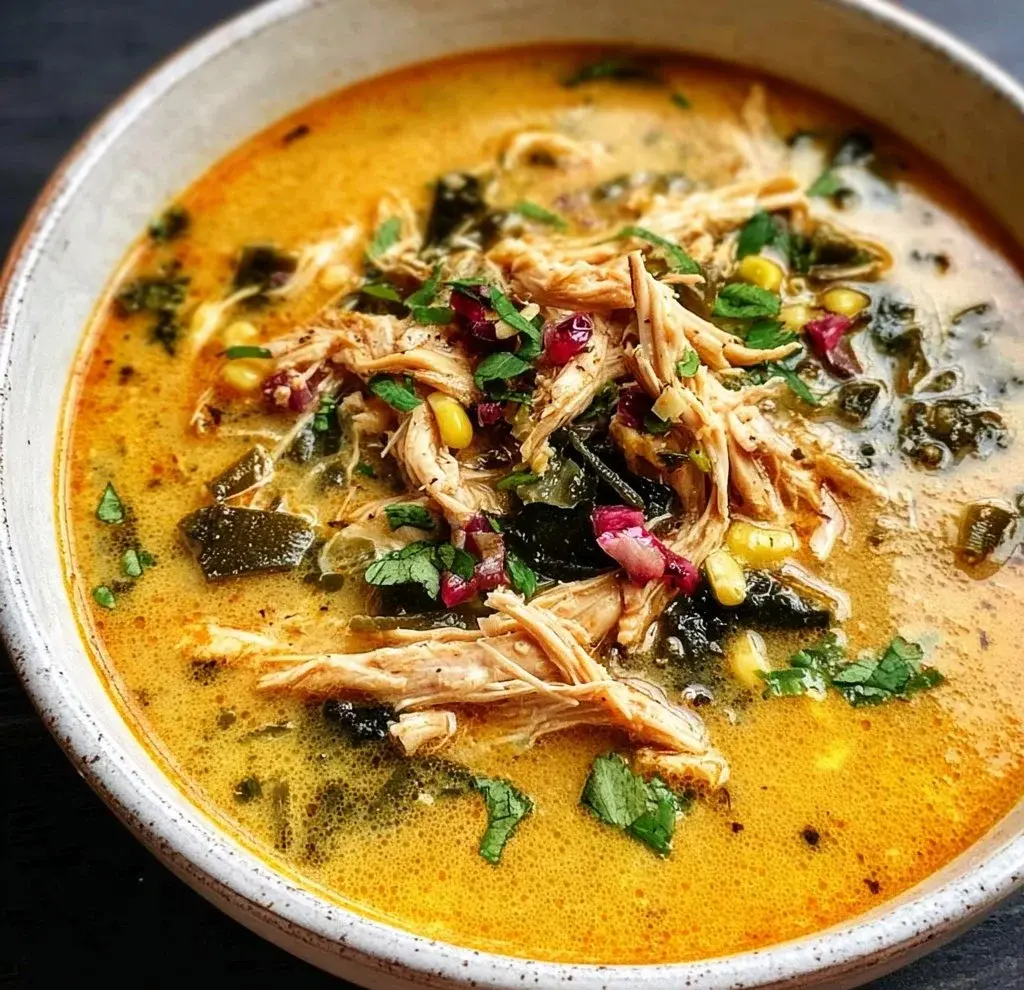 Bowl of delicious Chicken Poblano Soup garnished with fresh herbs