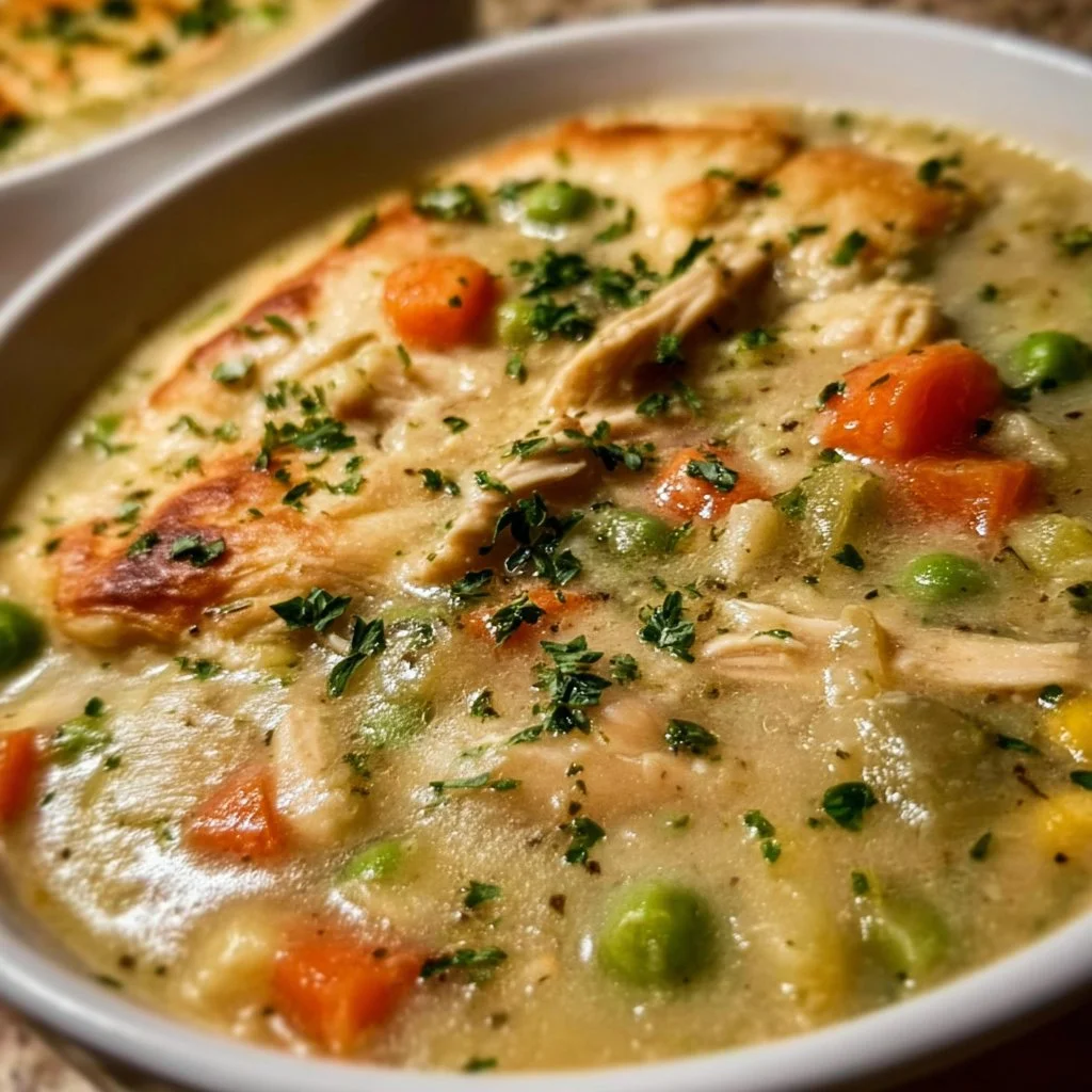 Bowl of chicken pot pie soup with vegetables and herbs on a wooden table