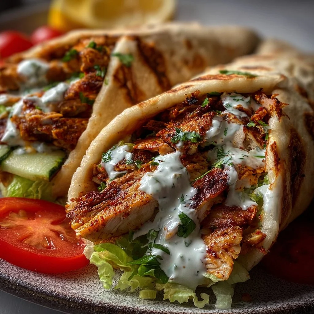 Delicious Chicken Shawarma served with creamy garlic sauce on a plate