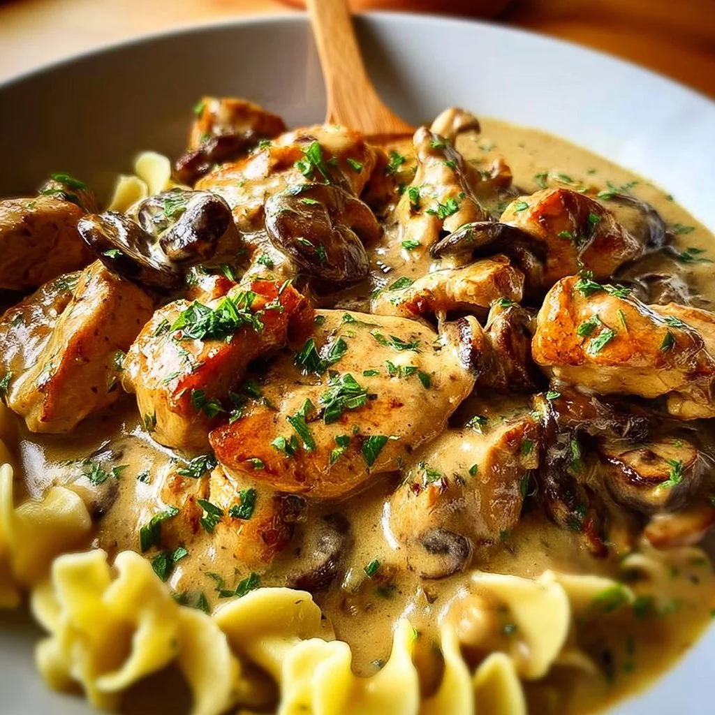 Delicious Chicken Stroganoff served with noodles on a plate.