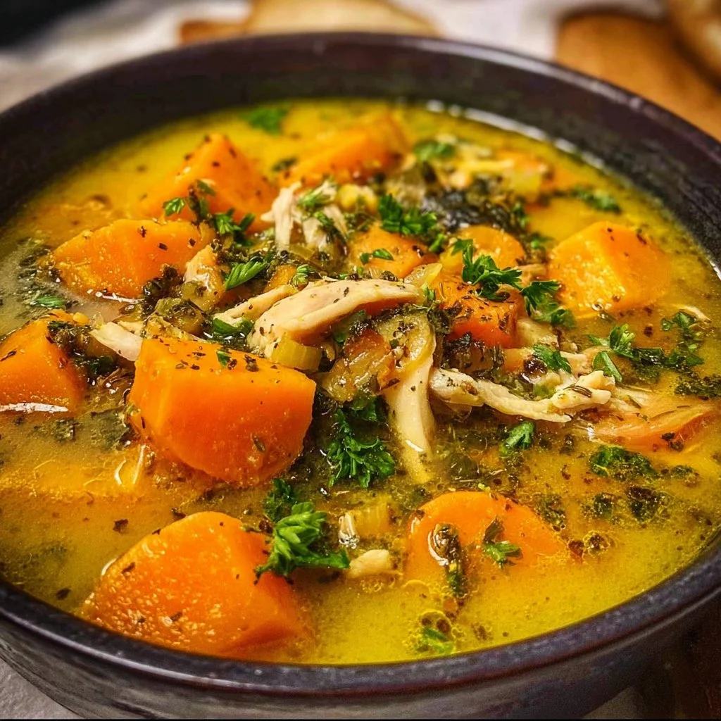 Bowl of homemade Chicken Sweet Potato Soup with garnishes