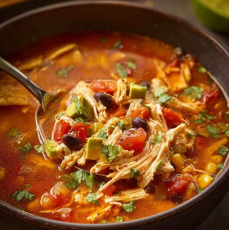 Bowl of Chicken Tortilla Soup topped with tortilla strips and fresh cilantro