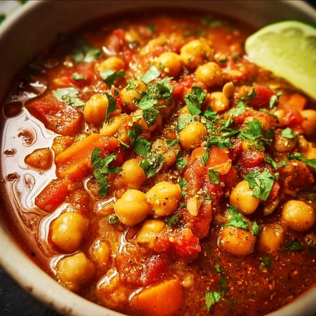Bowl of spicy chickpea chili topped with fresh herbs and served with bread