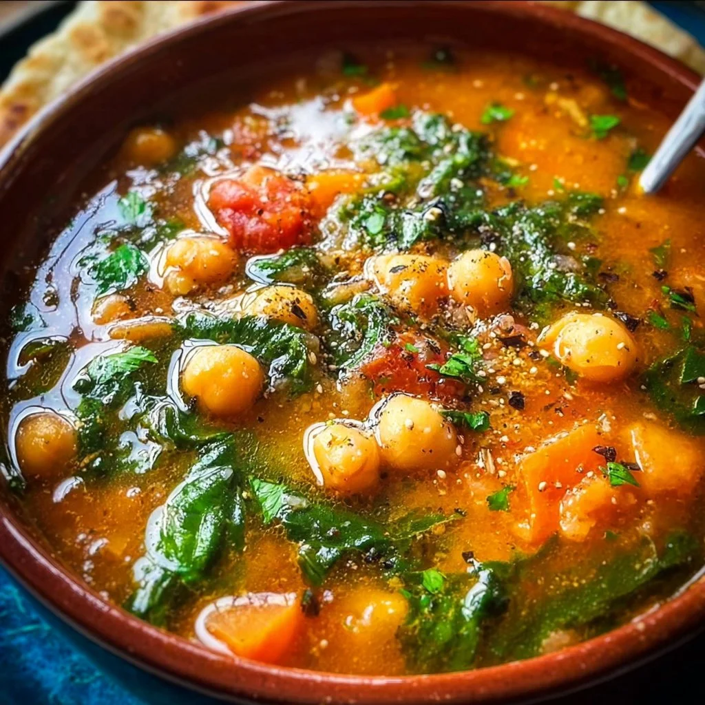 A bowl of homemade chickpea soup garnished with fresh herbs