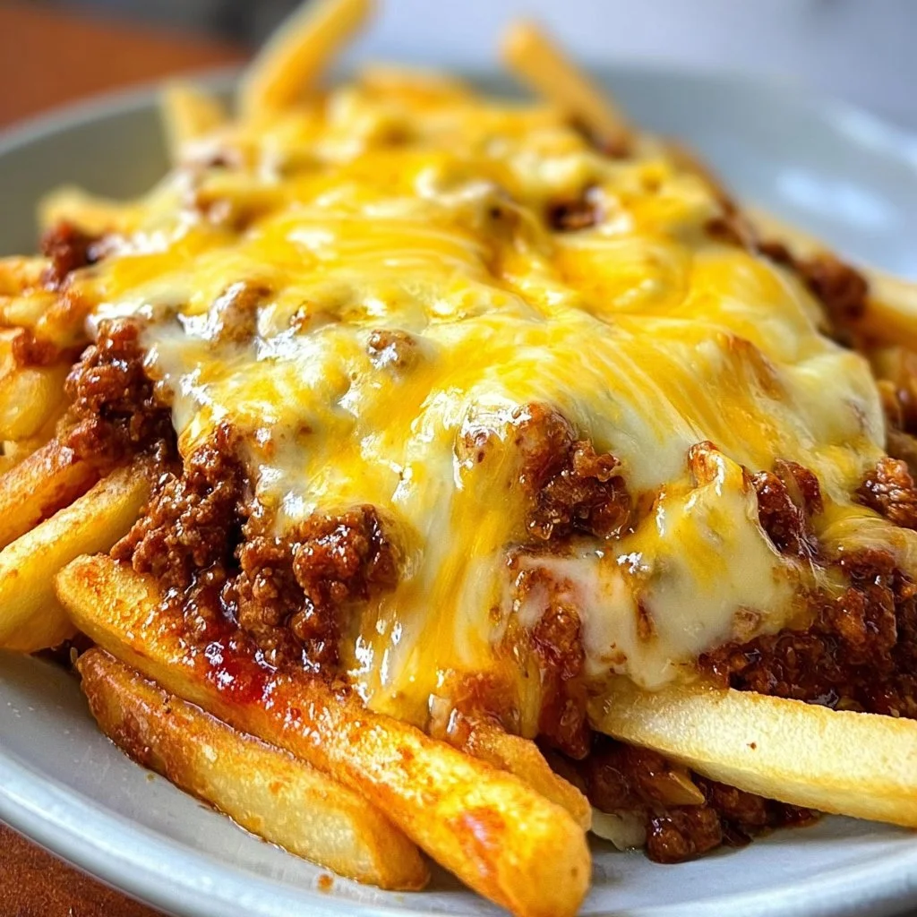 A plate of savory chili cheese fries topped with melted cheese and jalapeños
