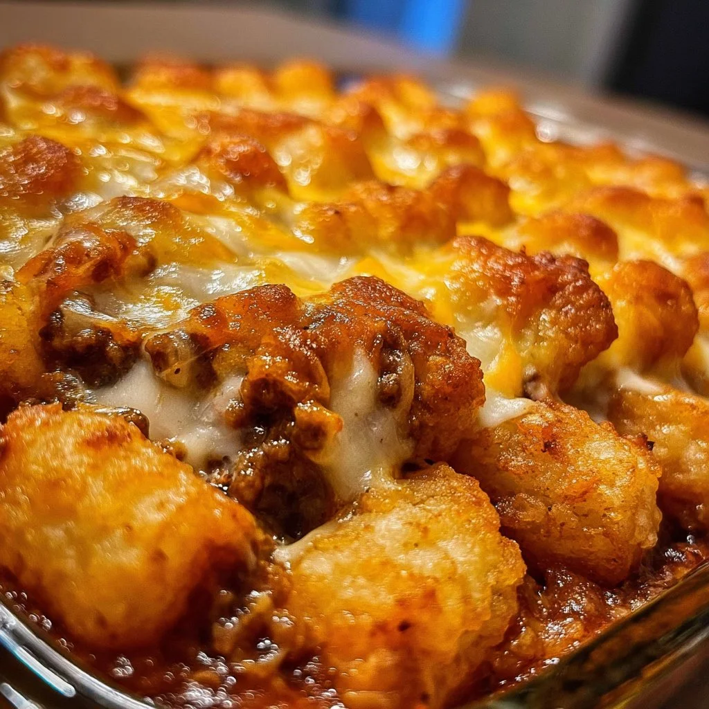 Chili Cheese Tater Tot Casserole served with toppings